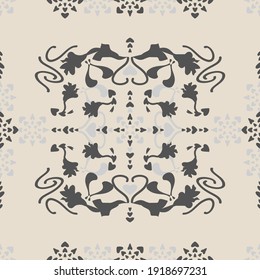 Nahtloses Muster mit Blumen und Herzen. Cremehl und Grau. Vektorgrafik.