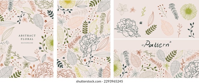 Seamless pattern floral line art. Children abstract drawing floral in doodle style. Set of universal hand drawn floral template for cover, home decor, backgrounds, cards.