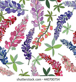 Seamless pattern with floral lupine design, vector drawing