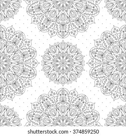 Seamless pattern of floral mandala. Monochrome background for print, wallpaper, wrapping, packaging, fabric design.