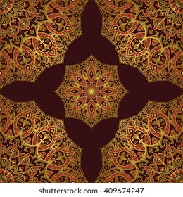Seamless pattern of floral mandala on a dark background. Oriental ornament. Template for carpet, shawl, wallpaper, embroidery.