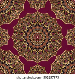 Seamless pattern of floral mandala on a lilac background. Oriental ornament. Template for carpet, shawl, wallpaper, embroidery.