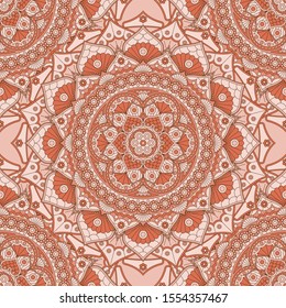 Seamless pattern with floral mandala in orange and pink colors. Vector drawing.