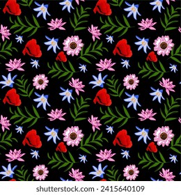 seamless pattern floral meadow on black background, vector
