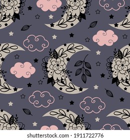 seamless pattern with floral moon