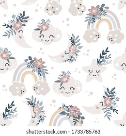 Seamless Pattern With Floral Moon And Rainbow - Vector Illustration, Eps