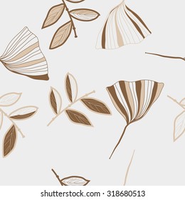 Seamless pattern of floral motif,  acorn, branches, doodles. Hand drawn.