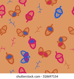 Seamless   pattern of   floral motif,  acorn, branches, ellipses, autumn theme, doodles. Hand drawn.