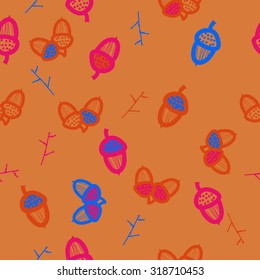 Seamless pattern of floral motif,  acorn, branches, doodles. Hand drawn.