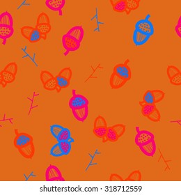 Seamless pattern of floral motif,  acorn, branches, doodles. Hand drawn.
