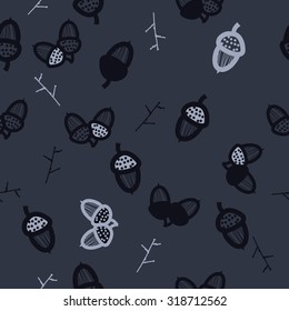 Seamless   pattern of   floral motif,  acorn, branches, ellipses, autumn theme, doodles. Hand drawn.
