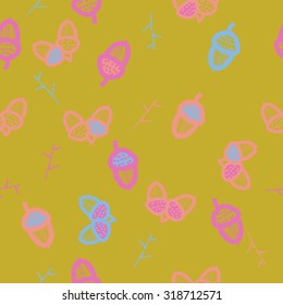 Seamless pattern of floral motif,  acorn, branches, doodles. Hand drawn.