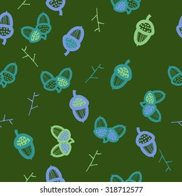 Seamless pattern of floral motif,  acorn, branches, doodles. Hand drawn.