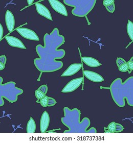 Seamless pattern of floral motif,  acorn, branches, doodles. Hand drawn.