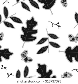 Seamless   pattern of   floral motif,  acorn, branches, ellipses,leaves, autumn theme, doodles. Hand drawn.