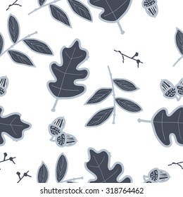 Seamless   pattern of   floral motif,  acorn, branches, ellipses,leaves, autumn theme, doodles. Hand drawn.