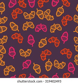 Seamless pattern of floral motif with acorn. Ellipses, stripes, Hand drawn.
