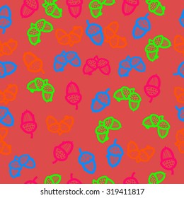 Seamless pattern of floral motif with acorn. Ellipses, stripes, Hand drawn.