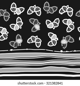 Seamless pattern of floral motif , acorns, stripes, spots, hole, doodles. Hand drawn, autumn theme.