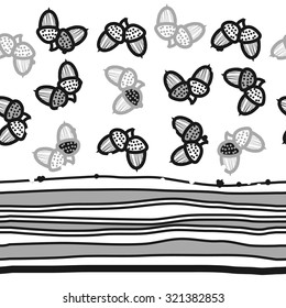 Seamless pattern of floral motif , acorns, stripes, spots, hole, doodles. Hand drawn, autumn theme.