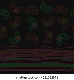 Seamless pattern of floral motif , acorns, stripes, spots, hole, doodles. Hand drawn, autumn theme.