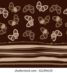 Seamless pattern of floral motif , acorns, stripes, spots, hole, doodles. Hand drawn, autumn theme.