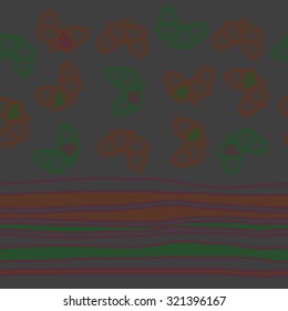 Seamless pattern of floral motif , acorns, stripes, spots, hole, doodles. Hand drawn, autumn theme.