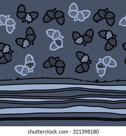 Seamless pattern of floral motif , acorns, stripes, spots, hole, doodles. Hand drawn, autumn theme.