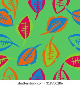 Seamless pattern of floral motif with autumn leaves. Stripes,leaves, hole, spots. Hand drawn.