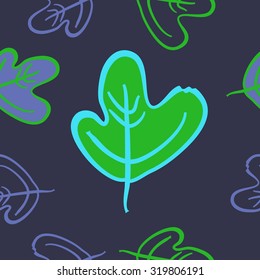 Seamless pattern of floral motif with autumn leaves. Stripes,leaves, hole, spots. Hand drawn.