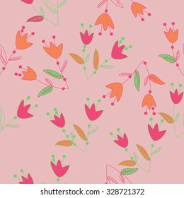 Seamless   pattern  of  floral motif, bells, branches, spots, flowers. Hand drawn.