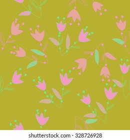 Seamless   pattern  of  floral motif, bells, branches, spots, flowers. Hand drawn.