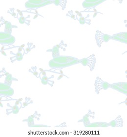 Seamless pattern of floral motif with bird. Ukrainian folklore, ellipses, branches, leaves, Hand drawn.