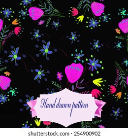 Seamless pattern of floral motif, bouquets, branches, label on a  black background. Hand drawn.