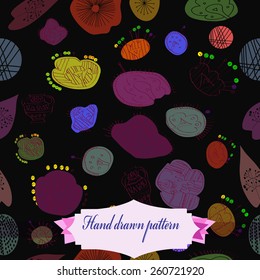 Seamless pattern of floral motif, branches, twigs, leaves, vases, label. Hand drawn.