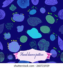 Seamless pattern of floral motif, branches, twigs, leaves, vases, label. Hand drawn.