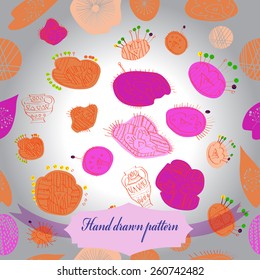 Seamless pattern of floral motif, branches, twigs, leaves, vases, label. Hand drawn.