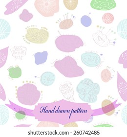 Seamless pattern of floral motif, branches, twigs, leaves, vases, label. Hand drawn.