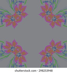 Seamless pattern of floral motif, branches, flowers, spots, hole, ellipses, copy space. Hand drawn.
