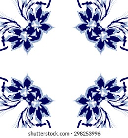 Seamless pattern of floral motif, branches, flowers, spots, hole, ellipses, copy space. Hand drawn.