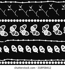 Seamless pattern of floral motif, branches, acorn, doodles, ellipses. Hand drawn.