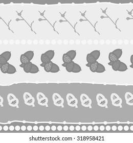 Seamless pattern of floral motif, branches, acorn, doodles, ellipses. Hand drawn.