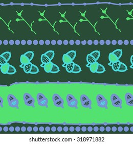 Seamless pattern of floral motif, branches, acorn, doodles, ellipses. Hand drawn.