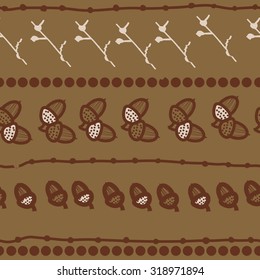 Seamless pattern of floral motif, branches, acorn, doodles, ellipses. Hand drawn.