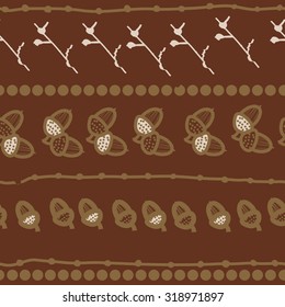 Seamless pattern of floral motif, branches, acorn, doodles, ellipses. Hand drawn.