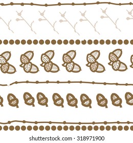 Seamless pattern of floral motif, branches, acorn, doodles, ellipses. Hand drawn.