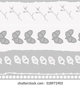 Seamless pattern of floral motif, branches, acorn, doodles, ellipses. Hand drawn.