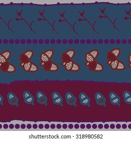 Seamless pattern of floral motif, branches, acorn, doodles, ellipses. Hand drawn.