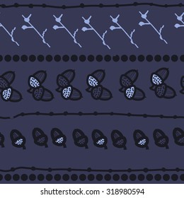 Seamless pattern of floral motif, branches, acorn, doodles, ellipses. Hand drawn.