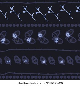 Seamless pattern of floral motif, branches, acorn, doodles, ellipses. Hand drawn.